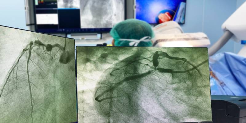 Blurred image of a modern cath lab with the doctor/technician and patient lying on the bed undergoing angiogram procedure table and the results displayed on different monitors.